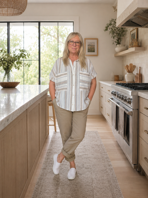 Peaceful mom working from home at a kitchen table