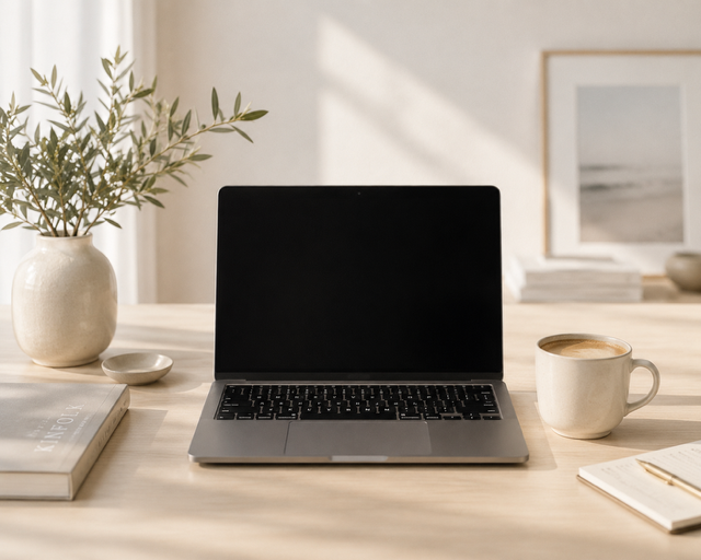 Cozy workspace with coffee, notebook, and a small plant
