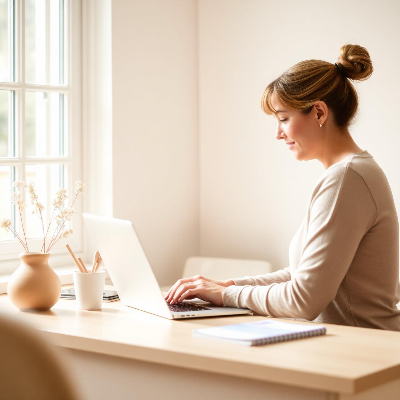 Calm mom working on a laptop at a sunlit home desk