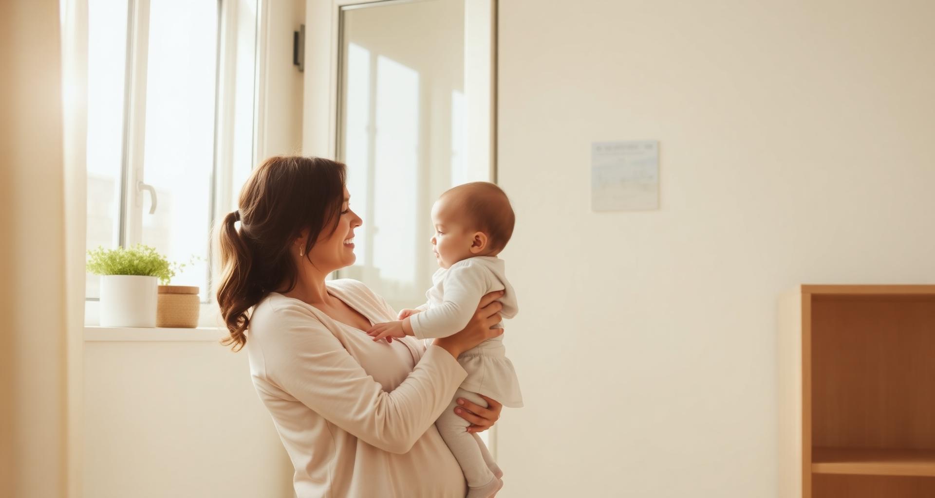 Mother holding her child in a sunlit, peaceful home